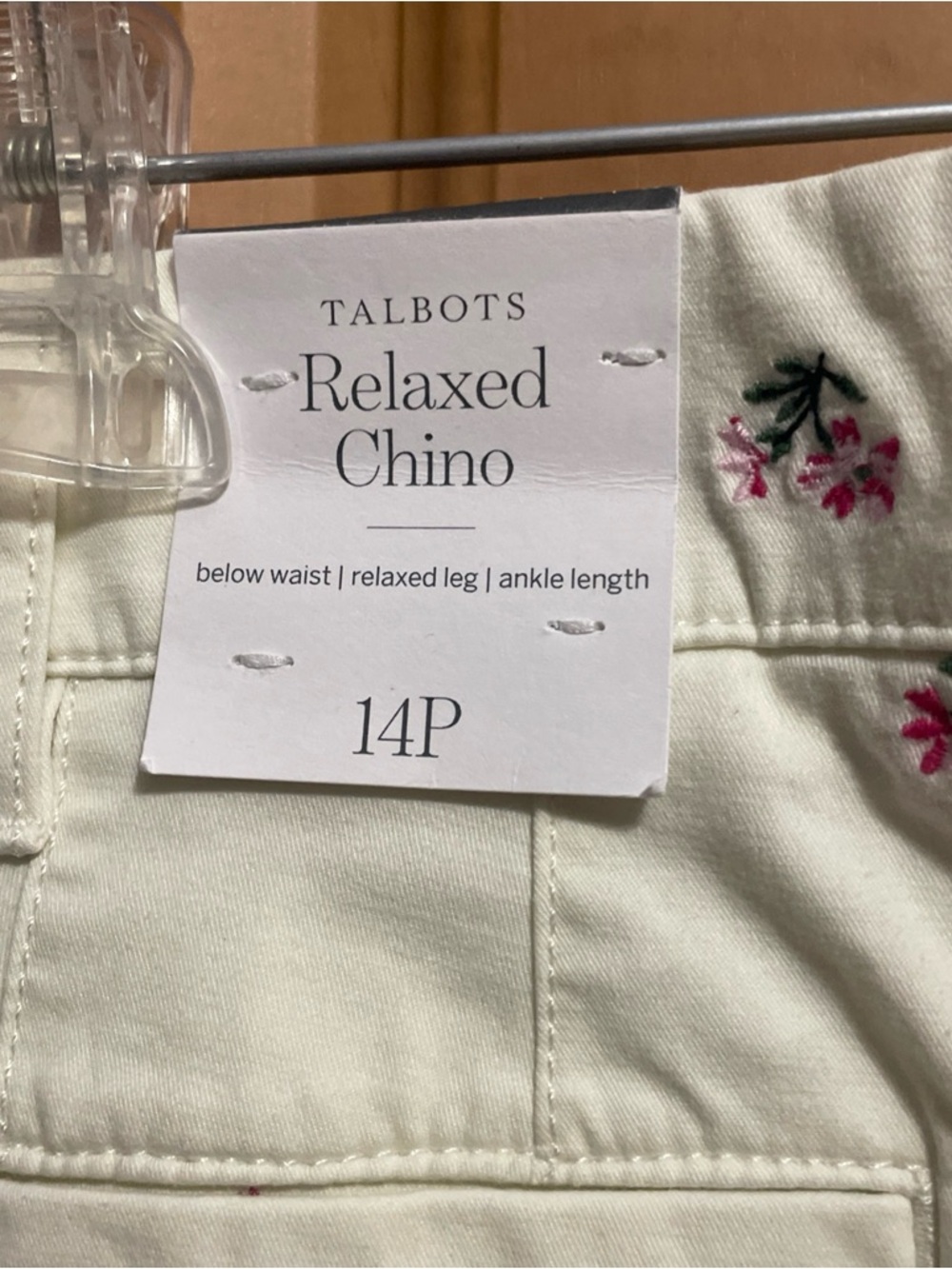Talbots Cream Chinos with Pink Floral Embroidery Size 14P - Picture 5 of 5